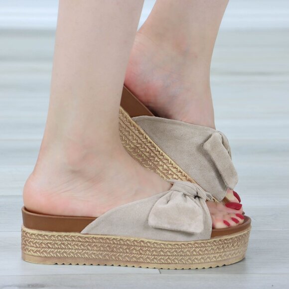 Suede Nude Bow Comfort Platform Sandal Slip On Sliders - Picture 4 of 14